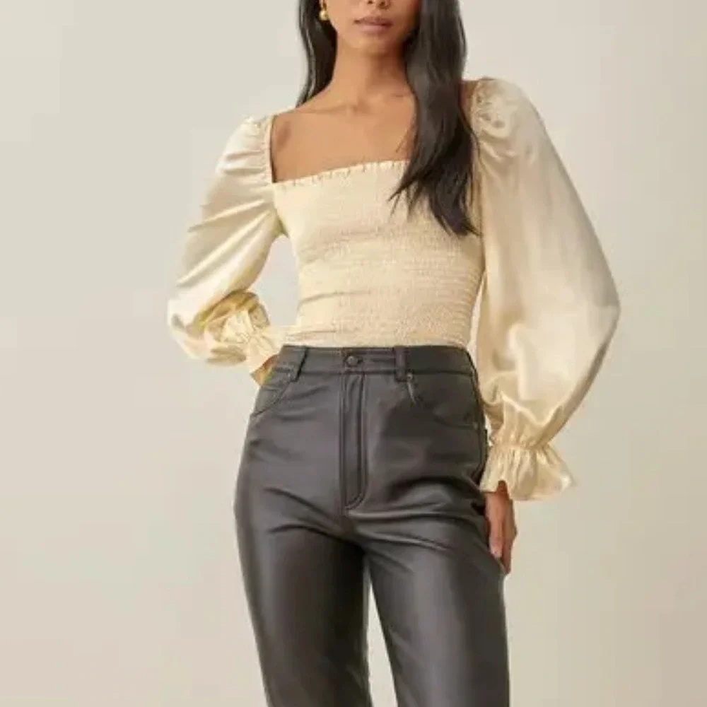 Reformation | Chamomile 100% Silk Smocked Satin Long Sleeve Top in Custard